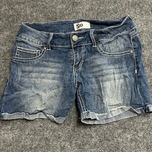 SO Denim Shorts Womens Size 5 Blue Ramie Blend Stitch Cuffed Raw Hem Casual